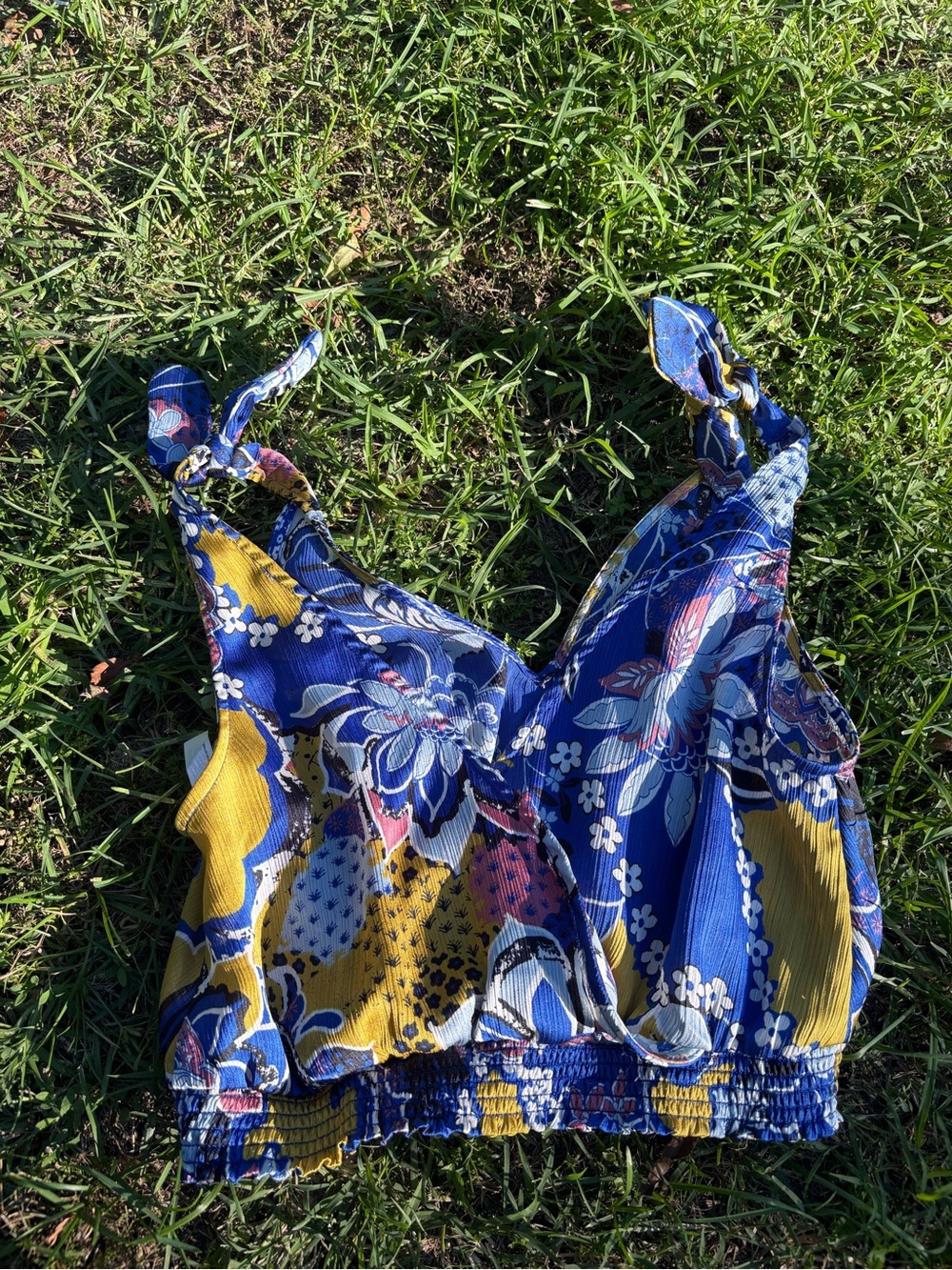 Free People Blue and Yellow Floral Tie-Shoulder Cropped Camisole